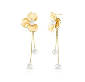 Brinco em Pêndulo Flor com Pérolas Banhado a Ouro