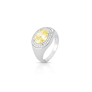 Anel Oval Centro Amarelo Banhado a Ródio Branco