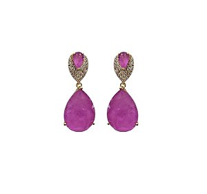 Brinco em Pêndulo Gota Fucsia Fusion Banhado a Ouro 18k