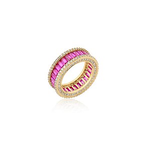 Anel com Cravação Baguete Safira Rosa Banhado a Ouro