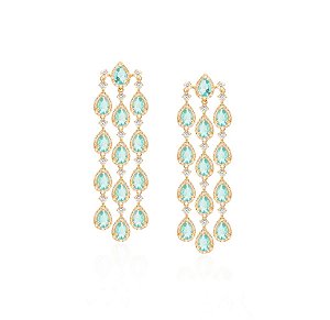 Brinco Maxi em Cascata e Gotas Turmalina Azul Banhado a Ouro
