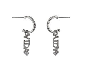 MEIA ARGOLA COM PINGENTE VIDA BANHADA A RÓDIO BRANCO