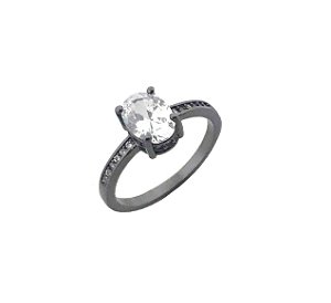ANEL COM PEDRA OVAL CRISTAL BANHADO A RÓDIO NEGRO