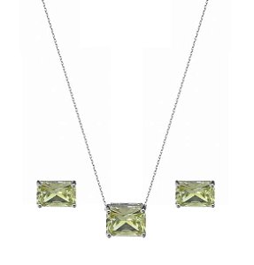 CONJUNTO ZIRCÔNIA AMARELA RETANGULAR BANHADO A RÓDIO BRANCO