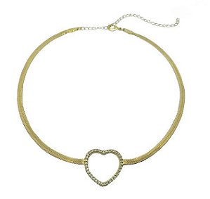 CHOKER MALHA LAMINADA COM CORAÇÃO VAZADO BANHADO A OURO