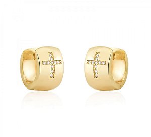 ARGOLA MÉDIA COM CRUZ CRAVEJADA BANHADA A OURO