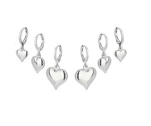 TRIO DE ARGOLAS CORAÇÃO BANHADO A RÓDIO