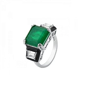 ANEL RESINADO QUADRADO ESMERALDA FUSION BANHADO A RÓDIO BRANCO