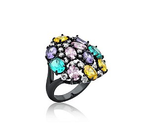 ANEL REDONDO COM ZIRCÔNIAS COLORIDAS BANHADA A RÓDIO NEGRO