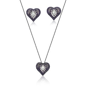 CONJUNTO CORAÇÃO MICROCRAVEJADO ROXO BANHADO A RÓDIO NEGRO