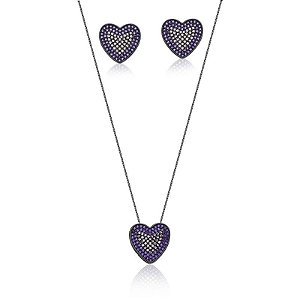 CONJUNTO CORAÇÃO MICROCRAVEJADO BANHADO A RÓDIO NEGRO