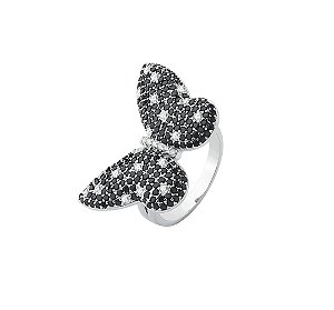 ANEL BORBOLETA COM CRAVAÇÃO NEGRA E CRISTAL BANHADA A RÓDIO