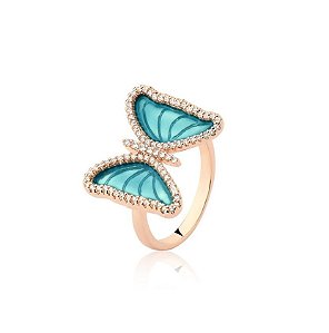 ANEL BORBOLETA ESMALTADO AZUL BANHADO A OURO CHAMPAGNE