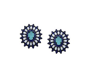 BRINCO OVAL COM PEDRA CENTRAL TURQUESA BANHADO A RÓDIO NEGRO