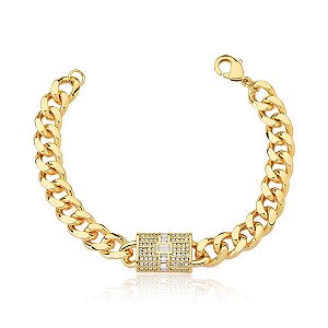 PULSEIRA EM MALHA GROUMET COM PINGENTE RETANGULAR BANHADA A OURO