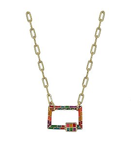 COLAR COM PINGENTE RETANGULAR ESMALTADO BANHADO A OURO