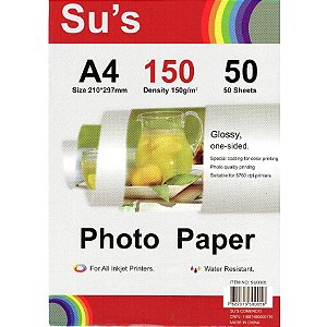 Papel Glossy Fotográfico A4 150G SUS - 50 Folhas
