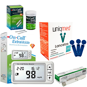 Kit Medidor de Glicose On Call Extra Mobile + 50 Tiras + 100 Lancetas + Caneta