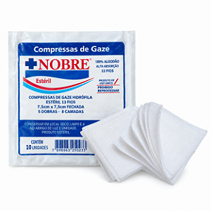 Compressa de Gaze Estéril 7,5cm x 7,5cm (15cm x 15cm) C/10 - Nobre
