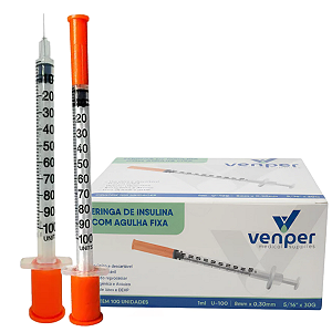 Seringa para Insulina 1 ml com Agulha Fixa 8 mm x 0,30 mm – Venper - Purah Medical