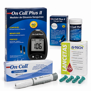 Kit Glicosímetro On Call Plus II Completo com 100 Tiras e 100 Lancetas