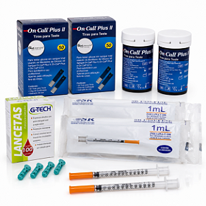 Kit Diabetes Completo 100 Tiras On Call + 100 Lancetas + 20 Seringas Insulina