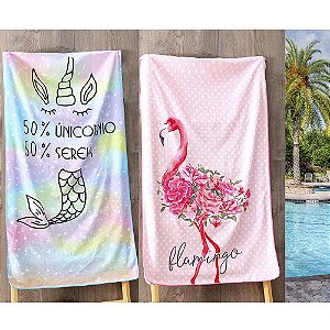 Kit 2 Toalhas de Praia Aveludada 140cmx70cm Mistica e Flamingo Realce Premium Sultan