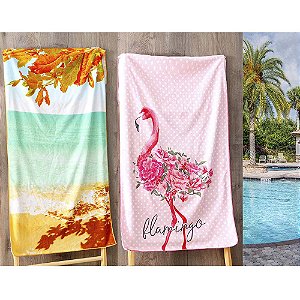 Kit 2 Toalhas de Praia Aveludada 140cmx70cm Paradise e Flamingo Realce Premium Sultan