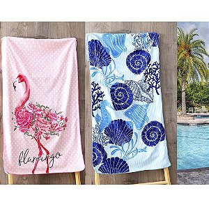 Kit 2 Toalhas de Praia Aveludada 140cmx70cm Flamingo e Marine Realce Premium Sultan