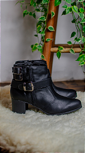 Bota Curta Salto Bloco Três Fivelas New Pele Preto