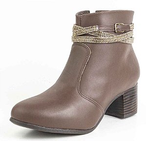 Bota Cano Curto Salto Bloco Strass Napa Cacau