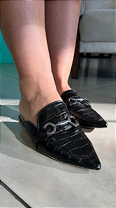 Mule Bico Fino Fivela Onix Croco Preto 610001P
