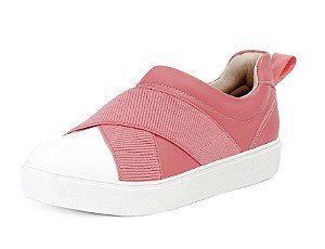 Tênis Casual Feminino Elástico Bico Branco Napa Rosa