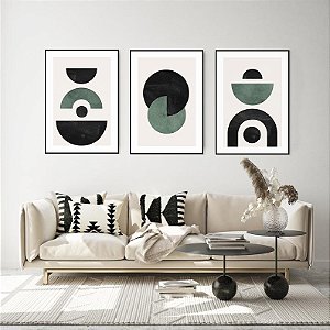 Conjunto com 3 quadros decorativos Formas Geométricas Preto e Verde. Coleção Assinada: Mariane Michels
