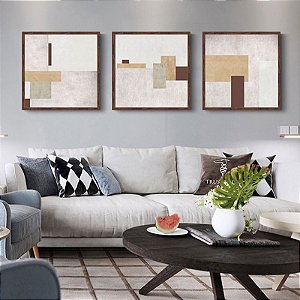 Conjunto com 3 quadros decorativos texturas geométricas tons bege e marrom. Coleção Assinada: Mariane Michels