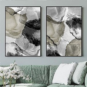 Conjunto de 2 Quadros Decorativos Formas Orgânicas Preto, Cinza e Branco. Coleção Assinada: Mariane Michels