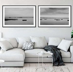 Conjunto de 2 Quadros Decorativos Fotografia Preta e Branca do Mar. Artista: Carol Areso