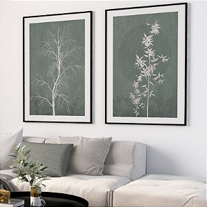 Conjunto de 2 Quadros Decorativos Silhueta Galhos Brancos na textura verde. Coleção Assinada: Mariane Michels