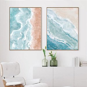 Conjunto de 2 Quadros Decorativos Abstratos Mar Azul e Areia Aquarelado.