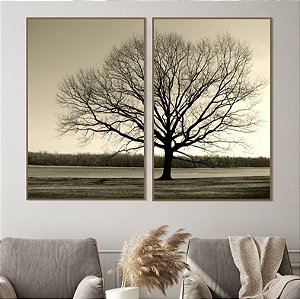 Conjunto de 2 Quadros Decorativos Árvore da Vida com fundo bege.