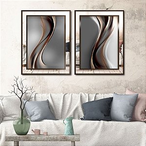 Conjunto de 2 quadros Abstratos Cinza e Cobre com detalhe em Espelho.