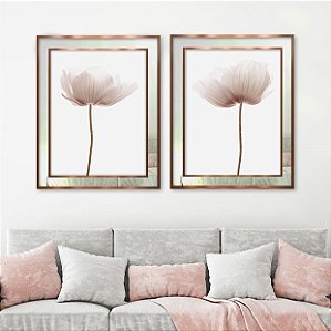 Conjunto de 2 quadros decorativos Floral Rosa com detalhe em Espelho.