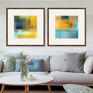 Conjunto com 2 quadros decorativos Abstratos Amarelo e Azul quadriculados.