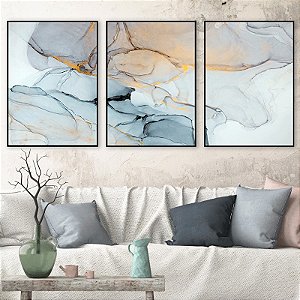 Conjunto com 3 quadros decorativos Marmorizado Azul.