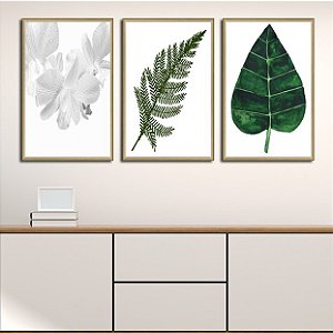 Conjunto de 3 quadros decorativos Floral Branco e Verde. Artista: Claudia Dias