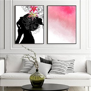 Conjunto com 2 Quadros Decorativos Silhueta Florida e Abstrato Rosa. Artista: Patrícia Costa