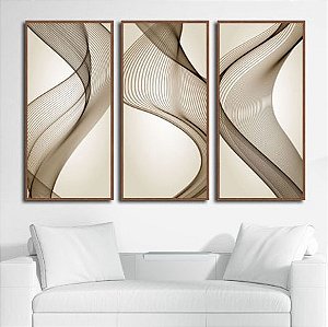 Conjunto de 3 Quadros Decorativos Abstrato Ondas Tons Bege. Artista: Claudia Dias