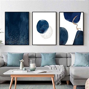 Conjunto com 3 quadros decorativos Abstratos Azul Escuro e Dourado. Artista: Jonathan Borba