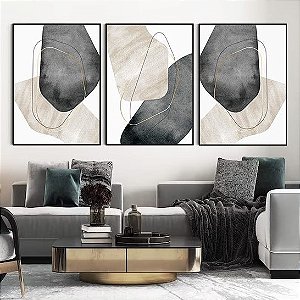 Conjunto com 3 quadros decorativos Abstratos Tons Claros e Formas. Coleção Assinada: Mariane Michels