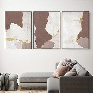 Conjunto com 3 quadros decorativos Abstrato Rosado e Dourado. Coleção Assinada: Mariane Michels